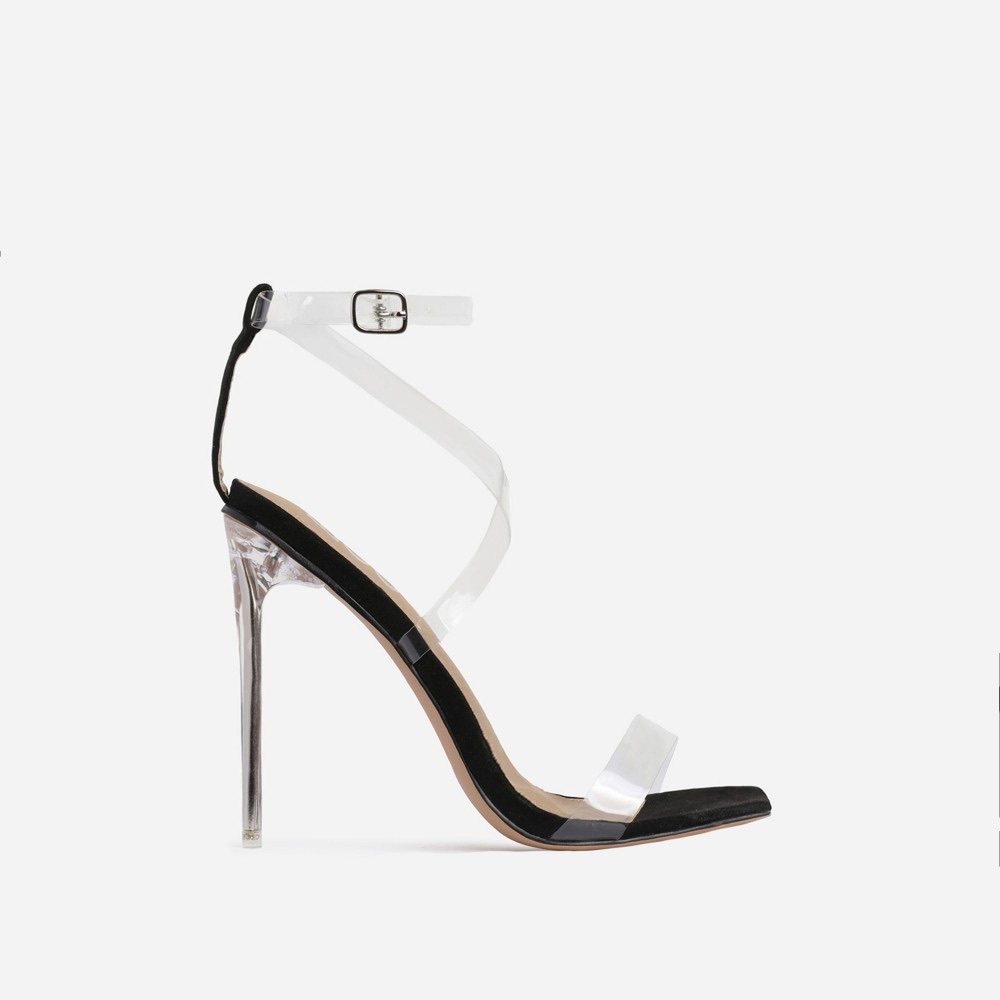 EGO “Lance” Square Toe Barely There Perspex Heel In Black Faux Suede